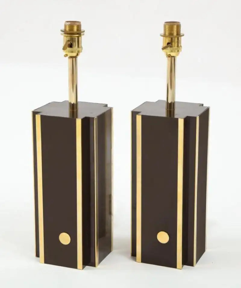 Pair of Deep Brown Laminate Table Lamps with Brass Accents, French 1970s