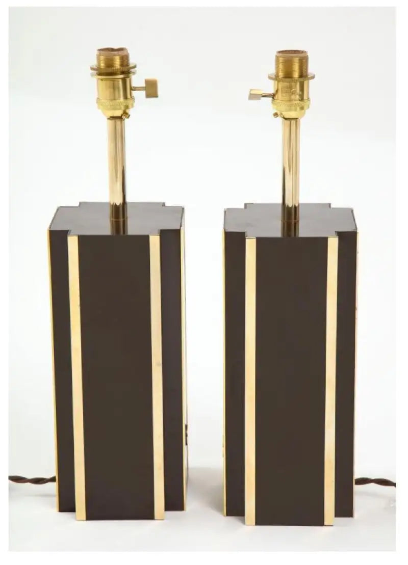 Pair of Deep Brown Laminate Table Lamps with Brass Accents, French 1970s
