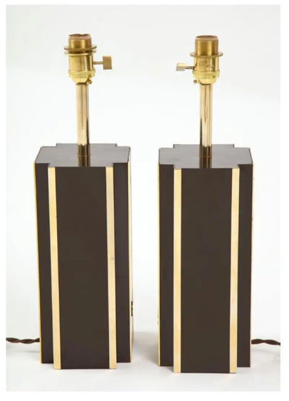 Pair of Deep Brown Laminate Table Lamps with Brass Accents, French 1970s