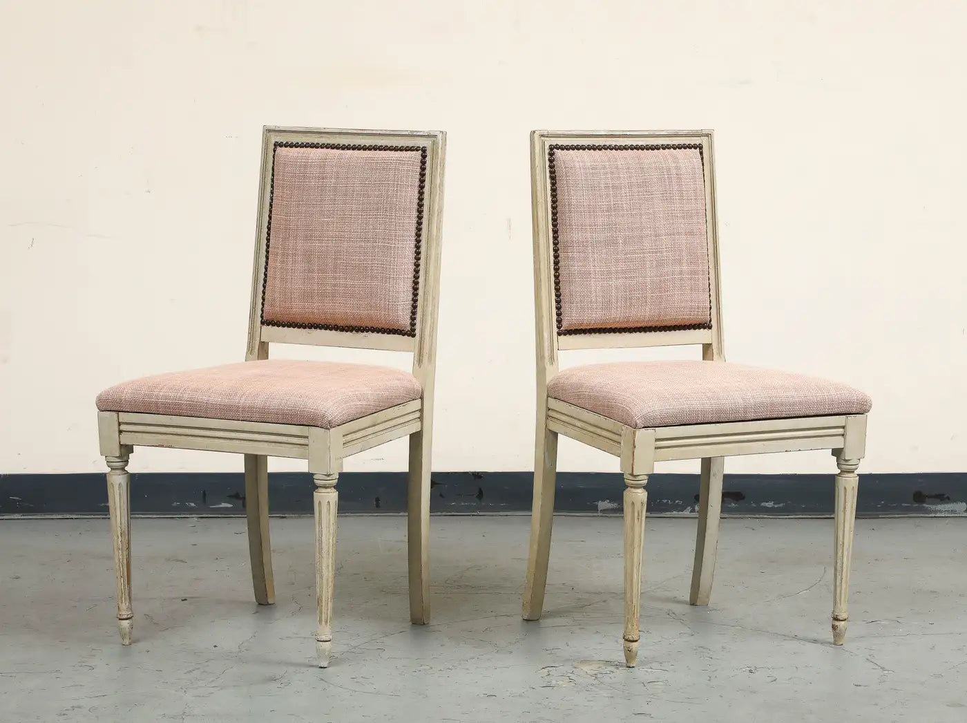 Pair of Painted French Louis XVI Style Side Chairs in Rose Tarlow Blush Linen