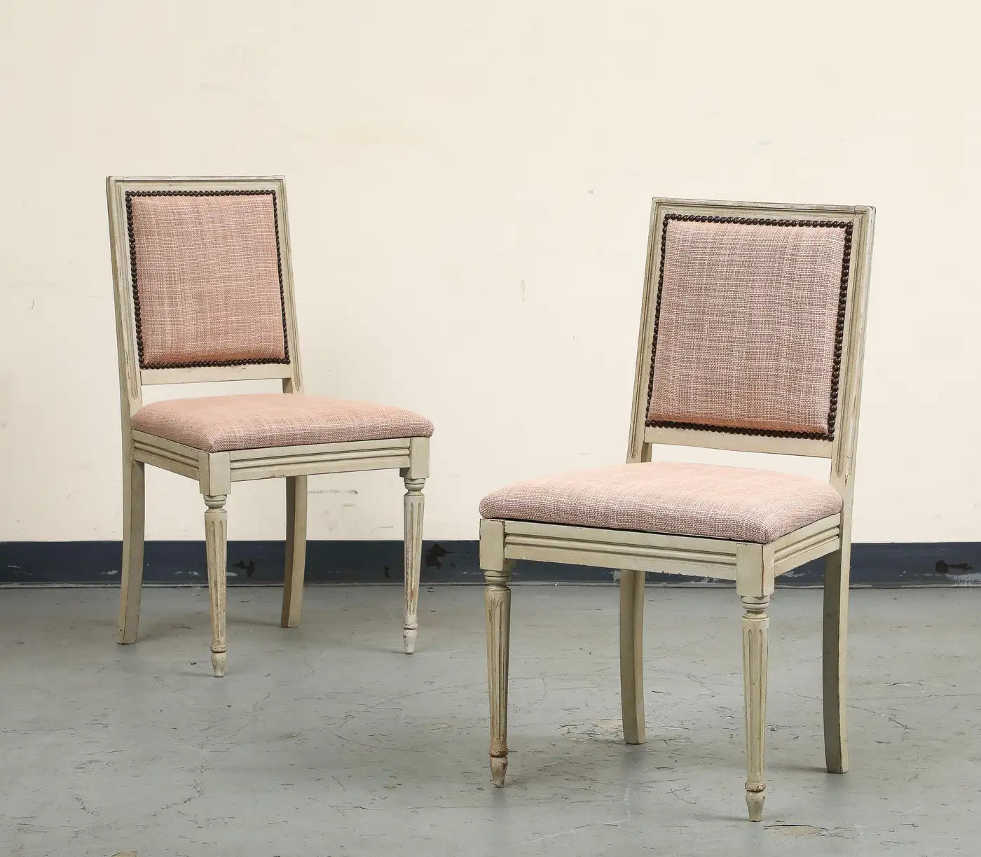 Pair of Painted French Louis XVI Style Side Chairs in Rose Tarlow Blush Linen