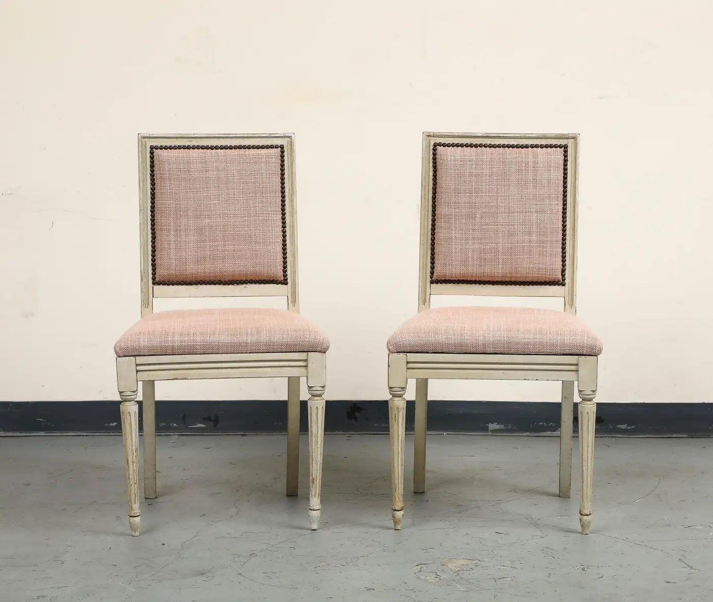 Pair of Painted French Louis XVI Style Side Chairs in Rose Tarlow Blush Linen