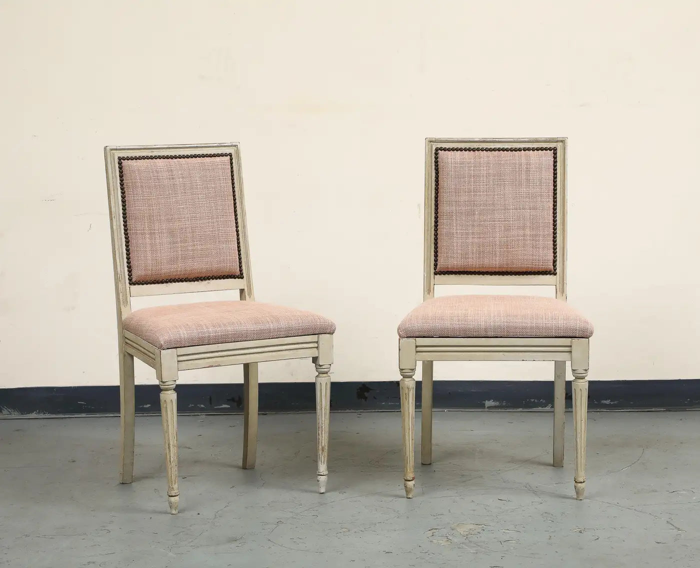 Pair of Painted French Louis XVI Style Side Chairs in Rose Tarlow Blush Linen
