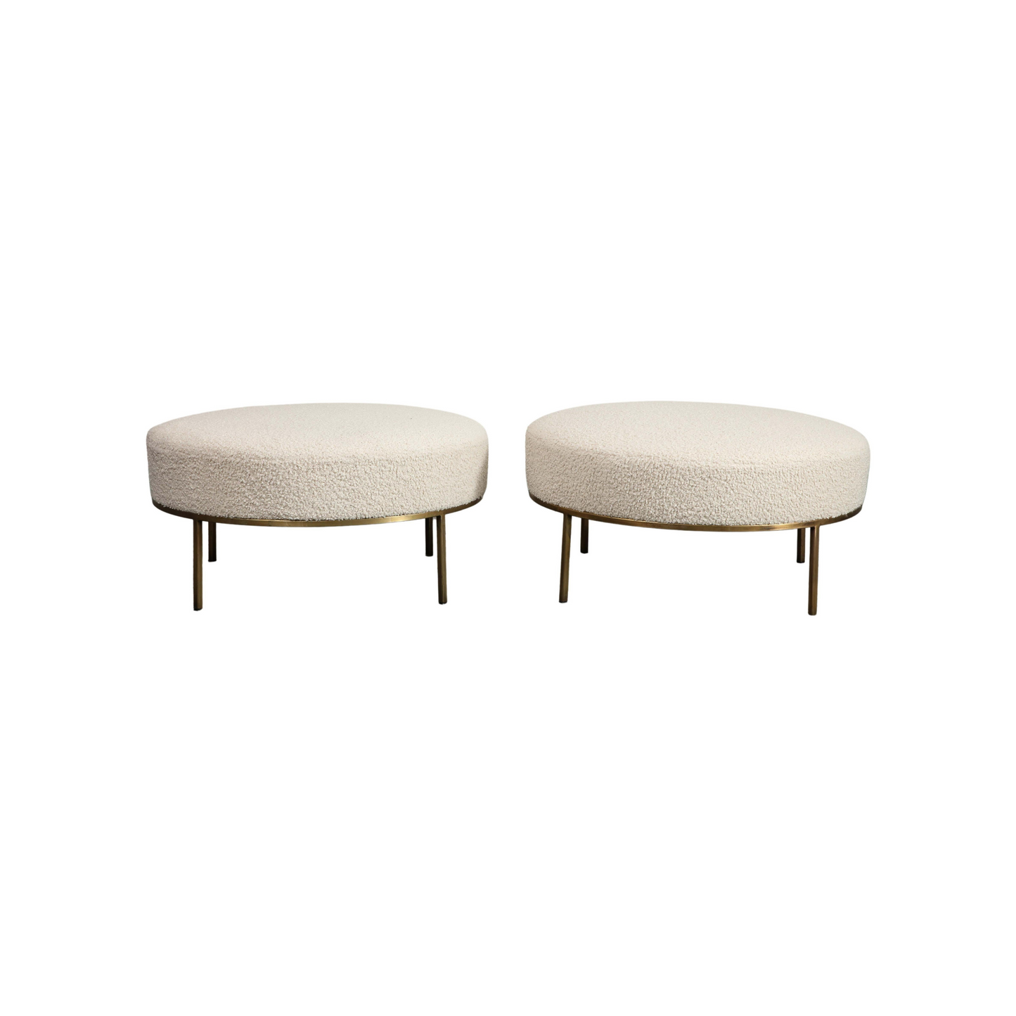 Pair of Round Bone Bouclé Ottomans with Brass Base