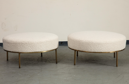 Pair of Round Bone Bouclé Ottomans with Brass Base