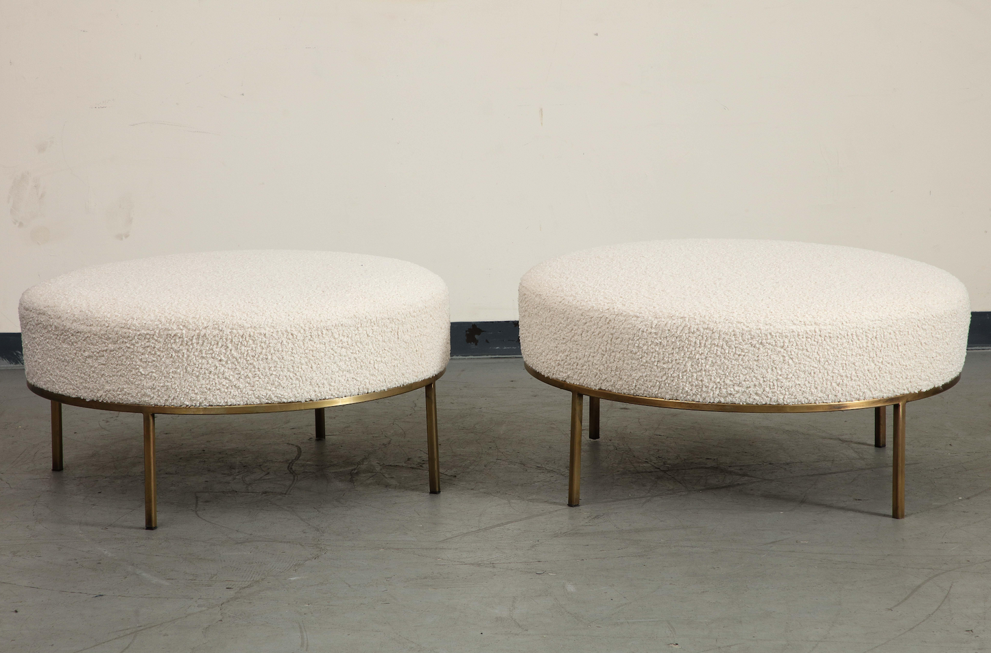 Pair of Round Bone Bouclé Ottomans with Brass Base