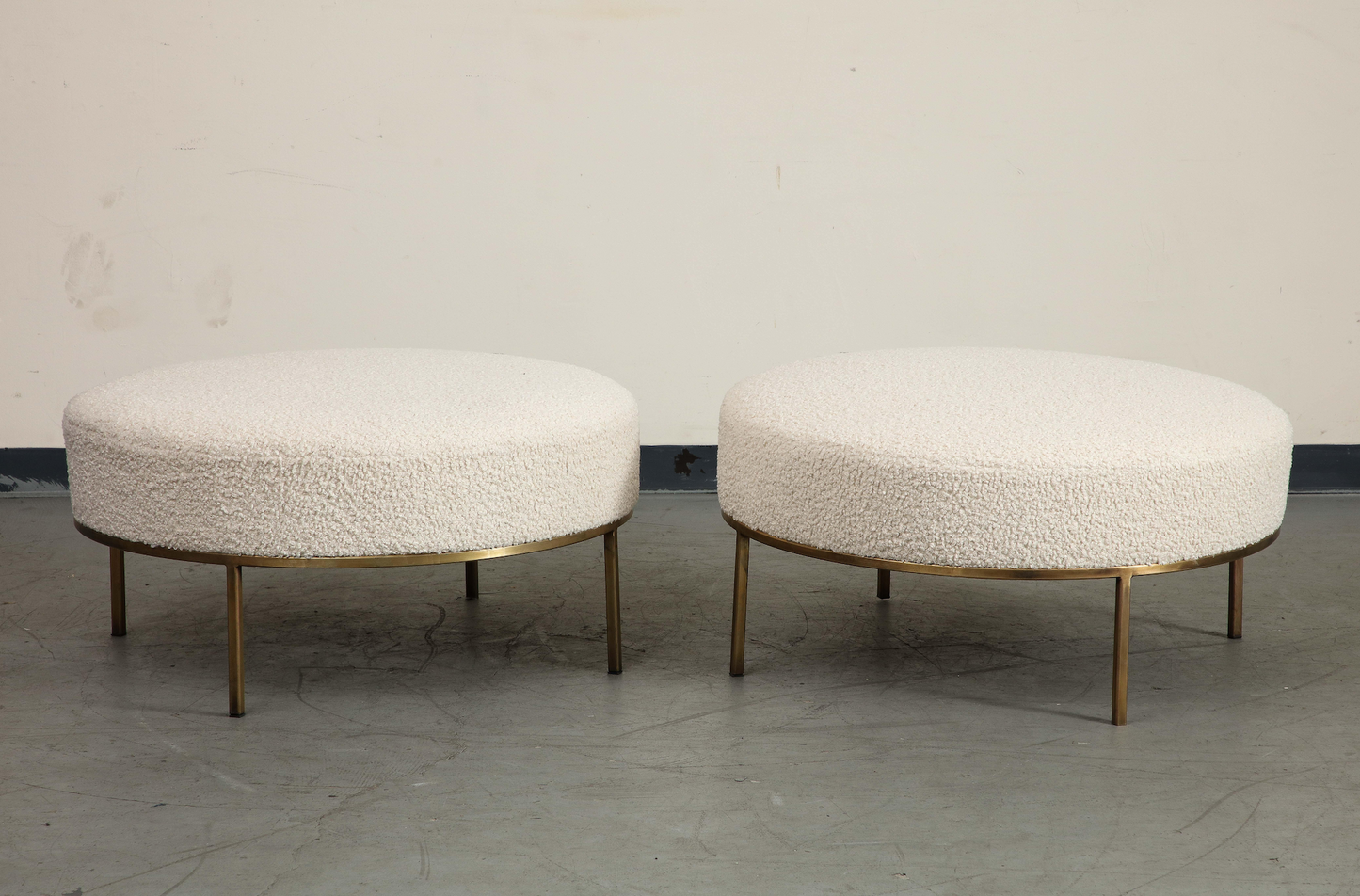 Pair of Round Bone Bouclé Ottomans with Brass Base