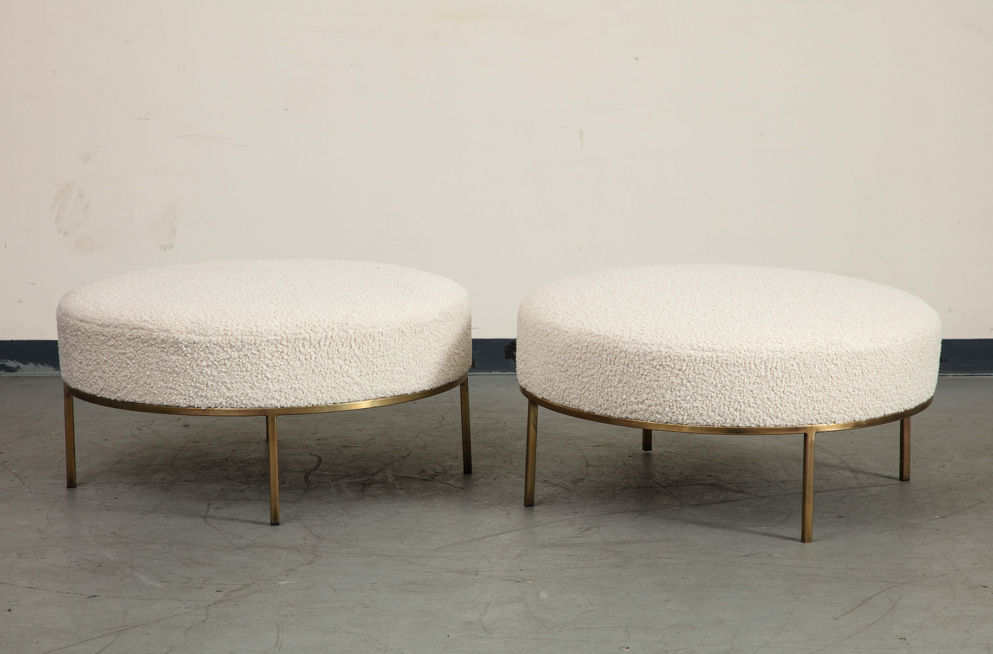 Pair of Round Bone Bouclé Ottomans with Brass Base