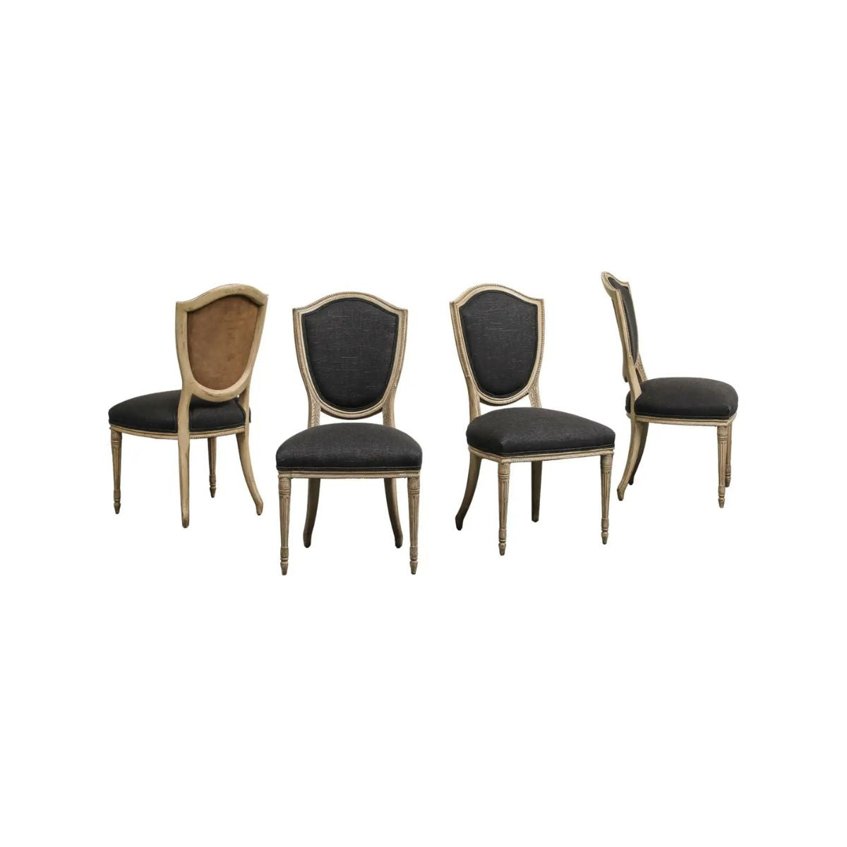 Set of 4 Louis XVI Style Side Chairs with New Linen and Suede Upholstery