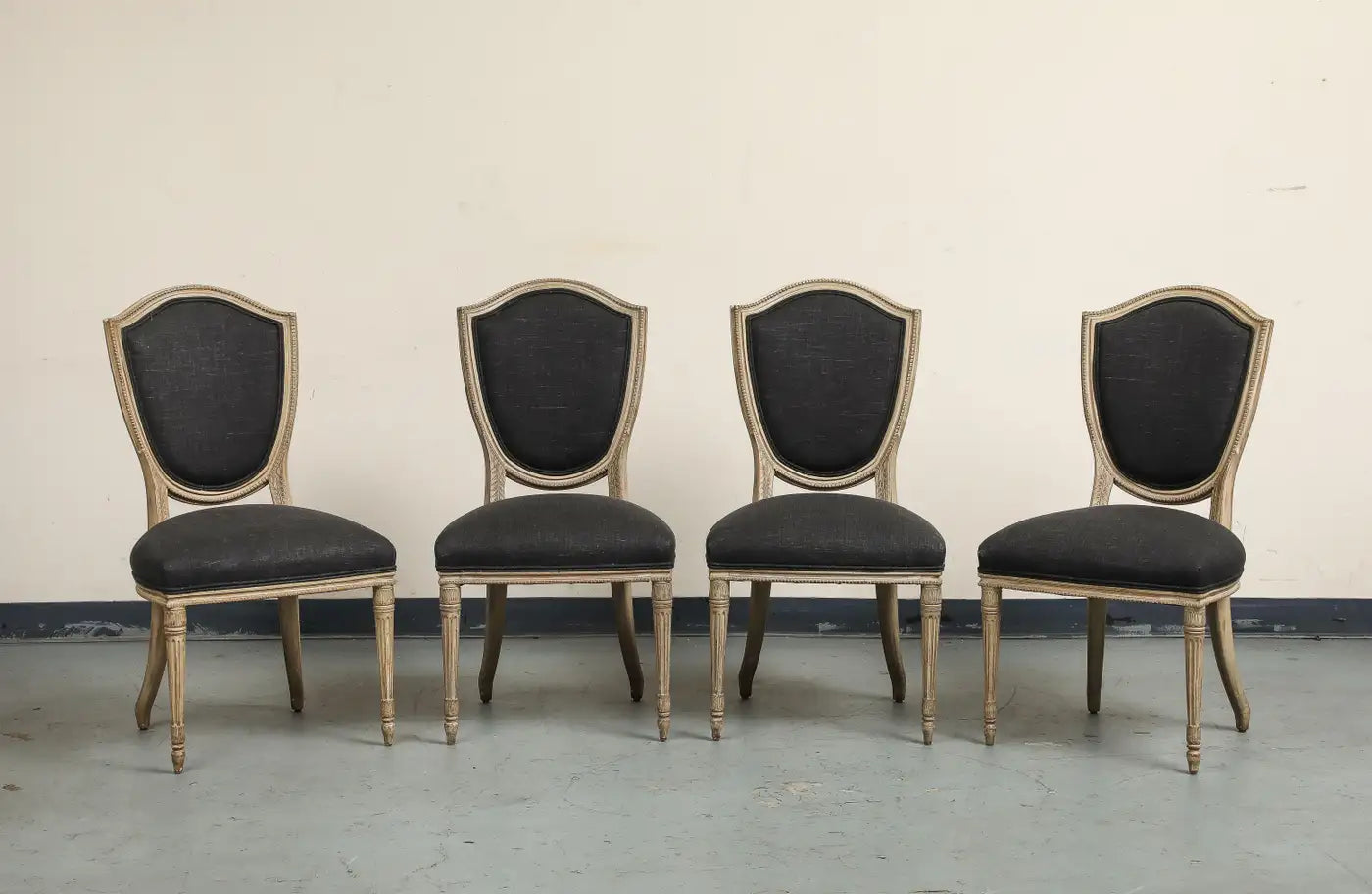 Set of 4 Louis XVI Style Side Chairs with New Linen and Suede Upholstery