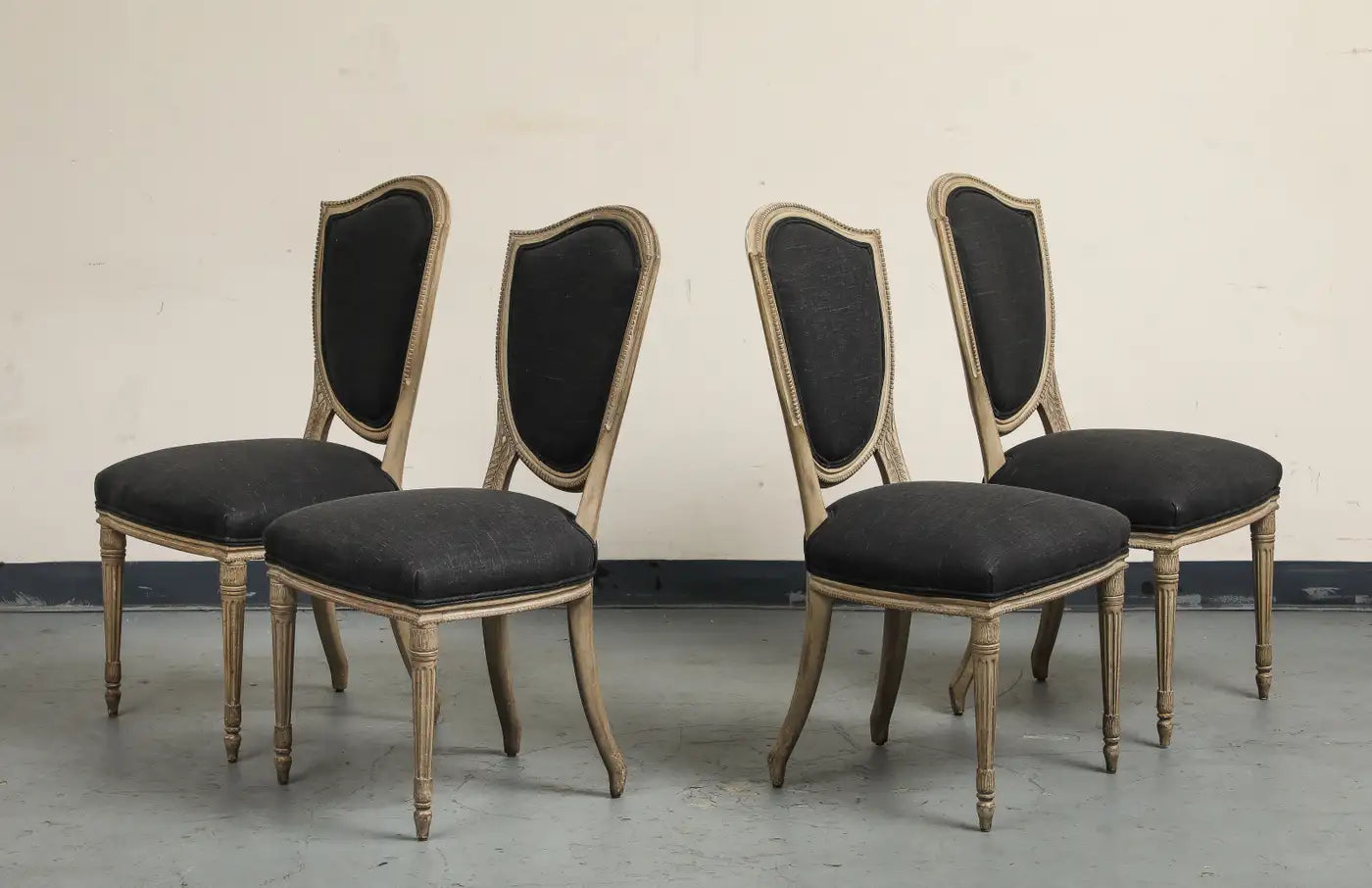 Set of 4 Louis XVI Style Side Chairs with New Linen and Suede Upholstery