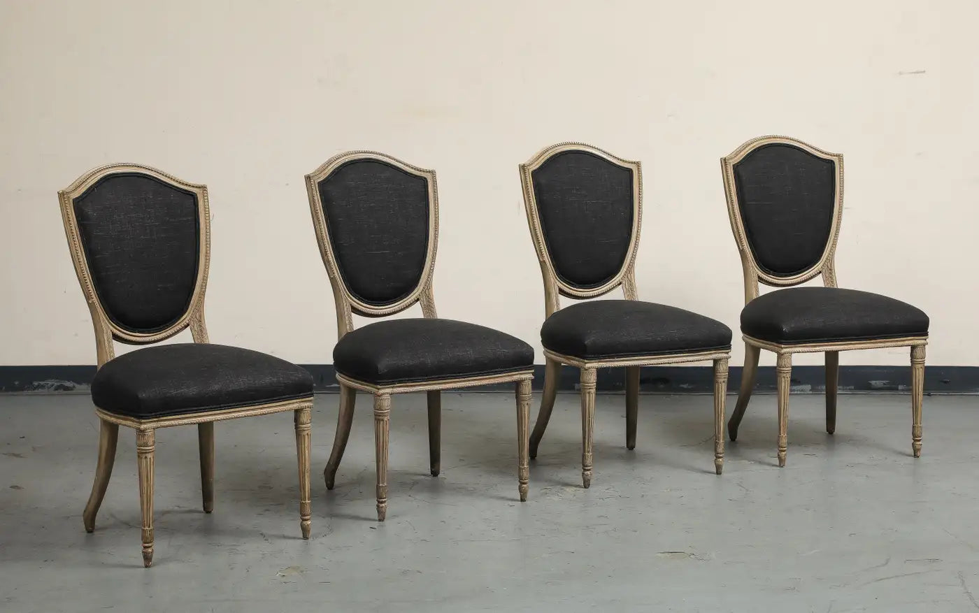 Set of 4 Louis XVI Style Side Chairs with New Linen and Suede Upholstery