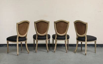 Set of 4 Louis XVI Style Side Chairs with New Linen and Suede Upholstery