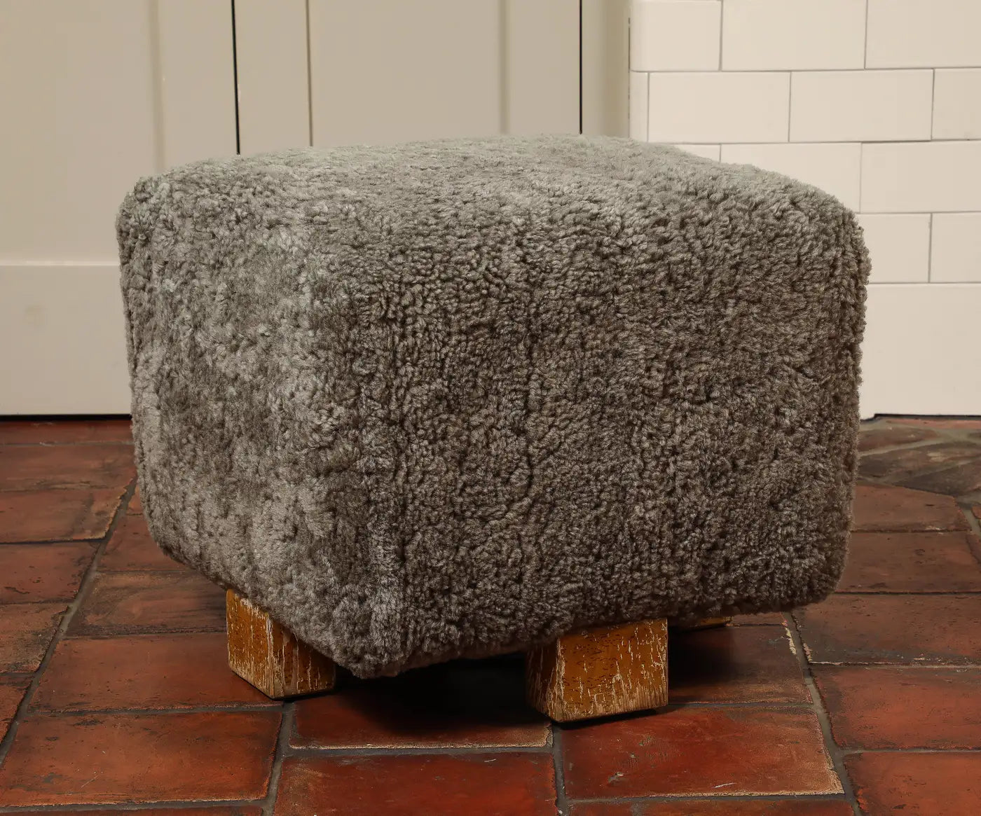 Vintage Grey Shearling Footstool