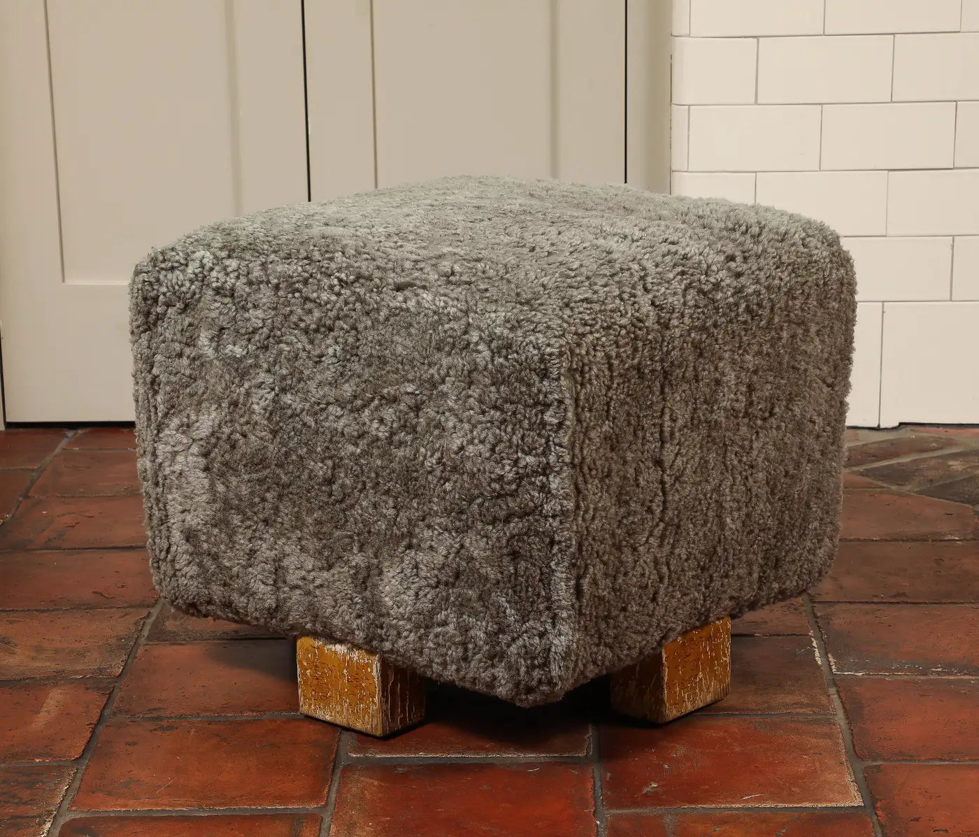 Vintage Grey Shearling Footstool