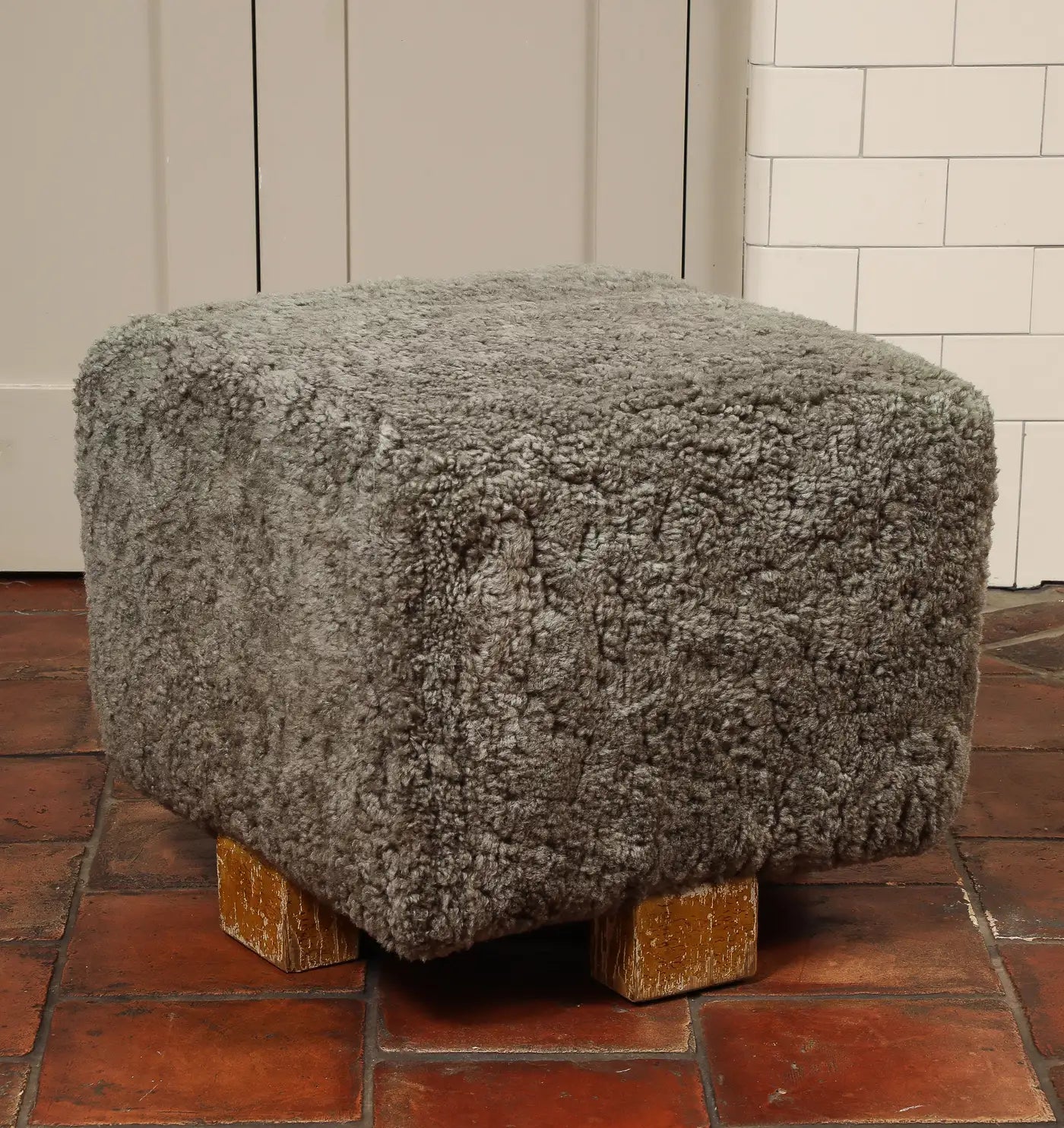 Vintage Grey Shearling Footstool