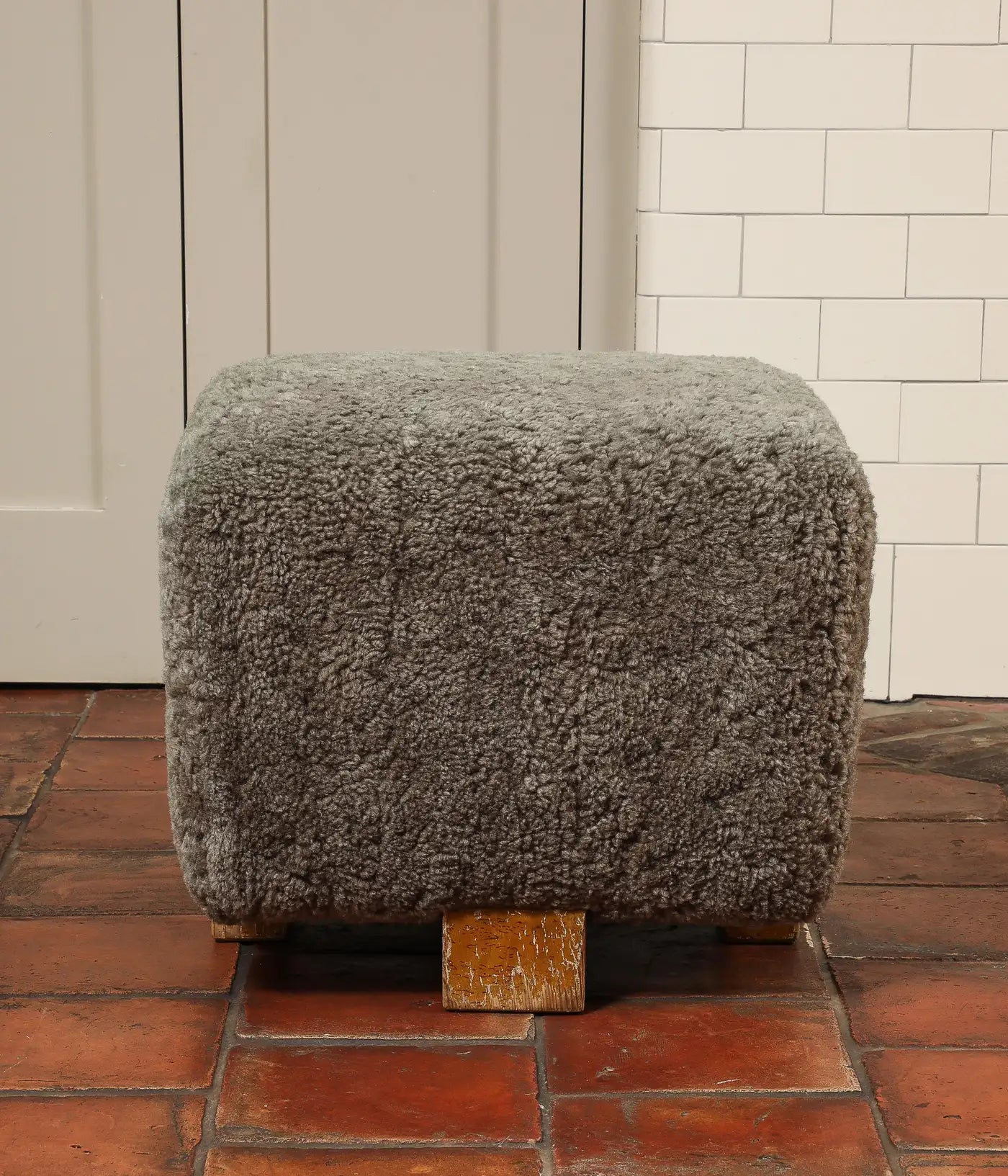 Vintage Grey Shearling Footstool