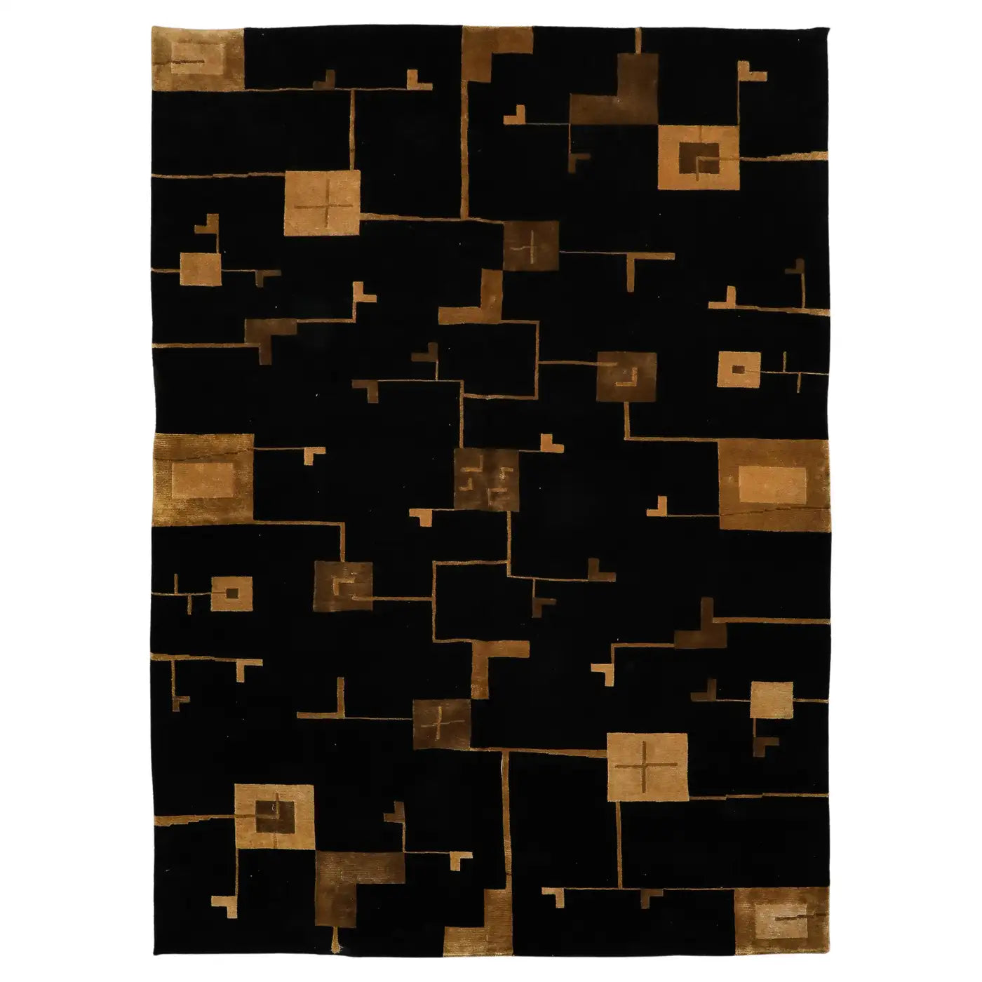 Art Deco Style Black and Gold Hand Woven Wool Rug circa 2000