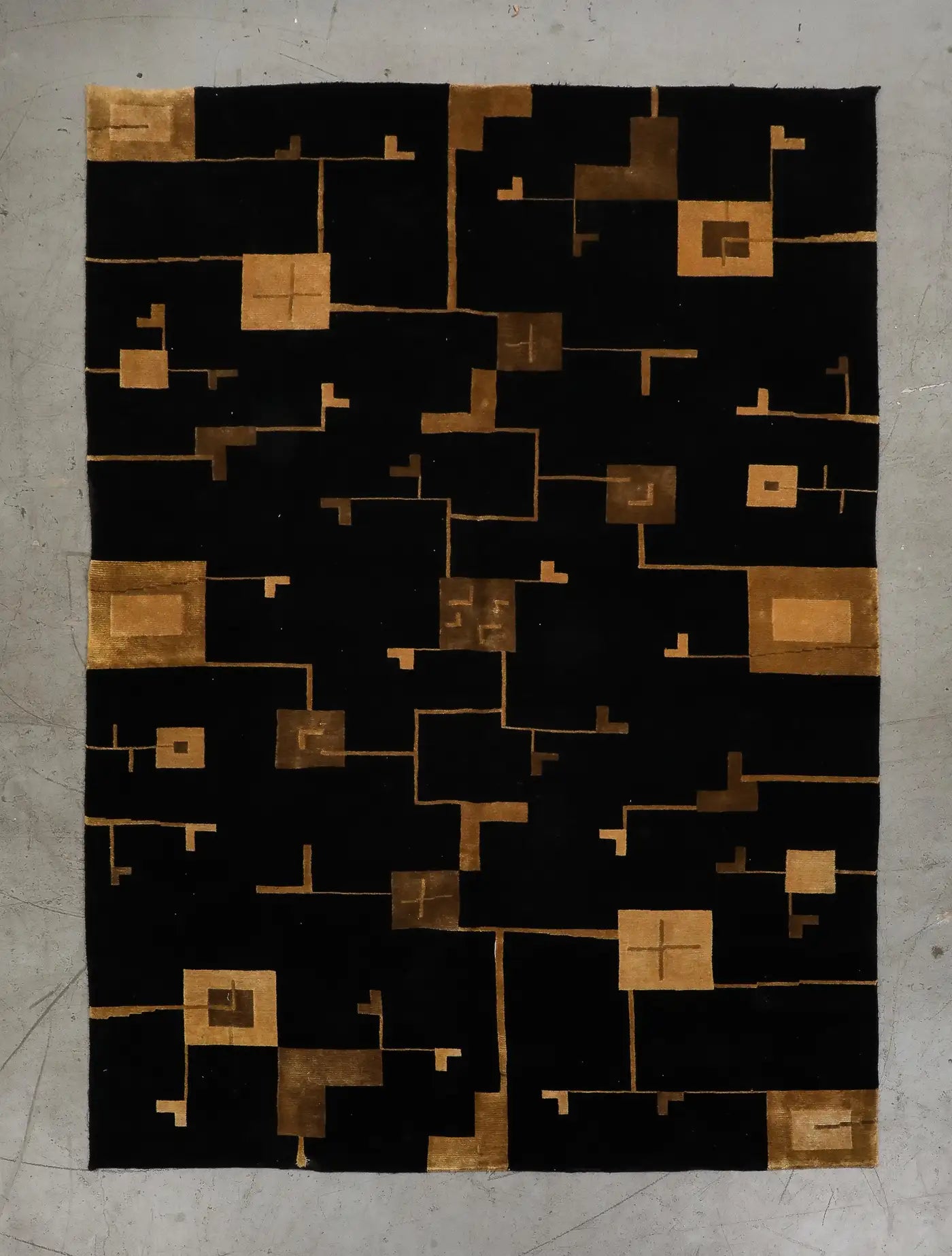 Art Deco Style Black and Gold Hand Woven Wool Rug circa 2000