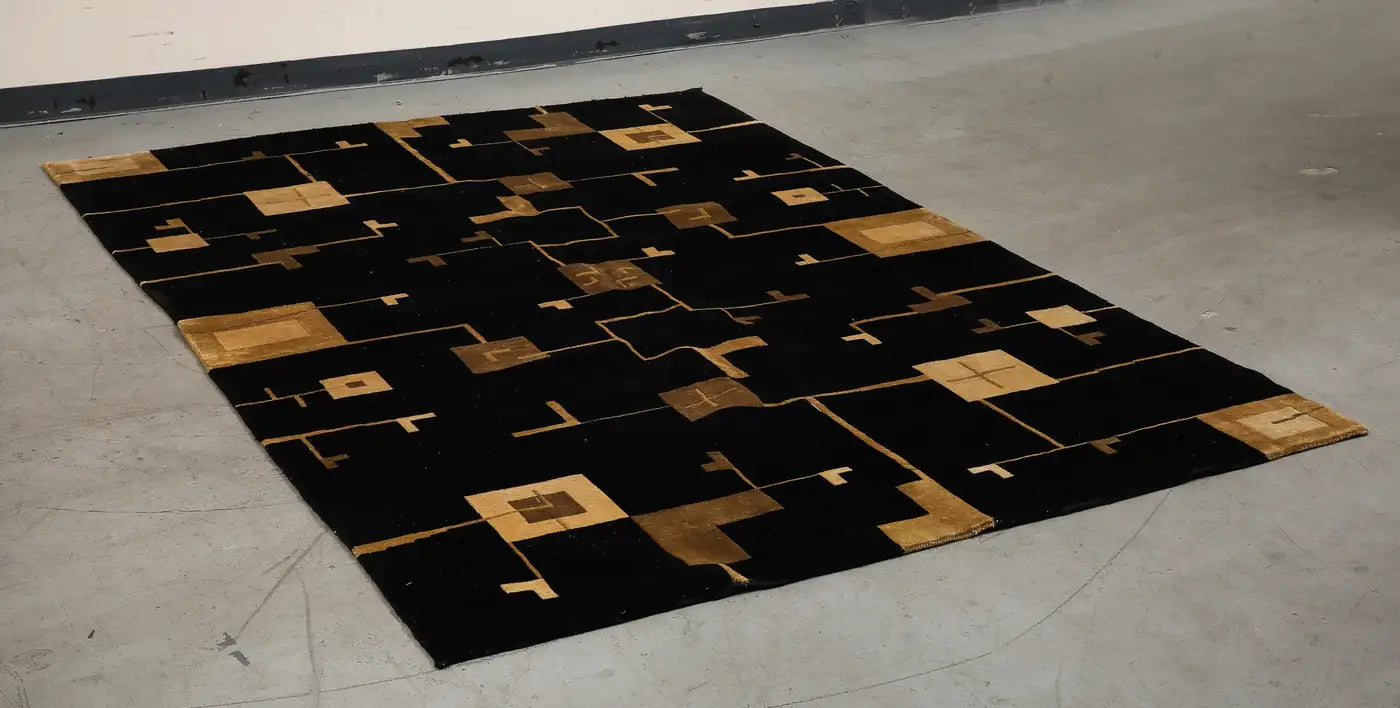 Art Deco Style Black and Gold Hand Woven Wool Rug circa 2000