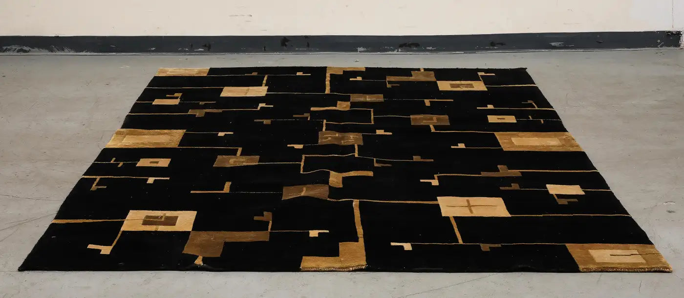 Art Deco Style Black and Gold Hand Woven Wool Rug circa 2000