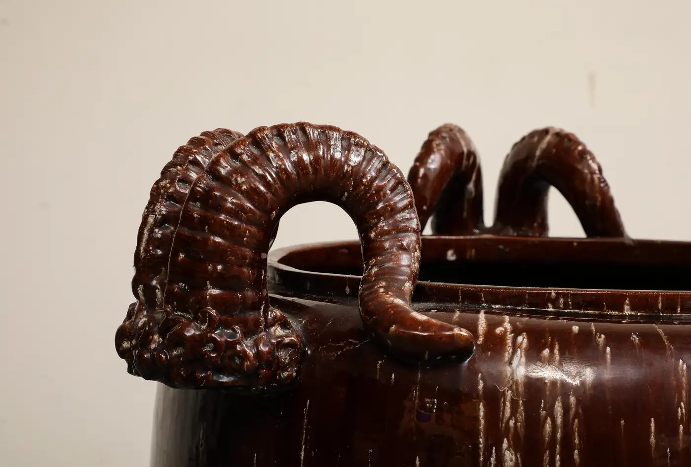 Burgundy Glazed Chinese Pottery Jardiniere with Ram's Horns