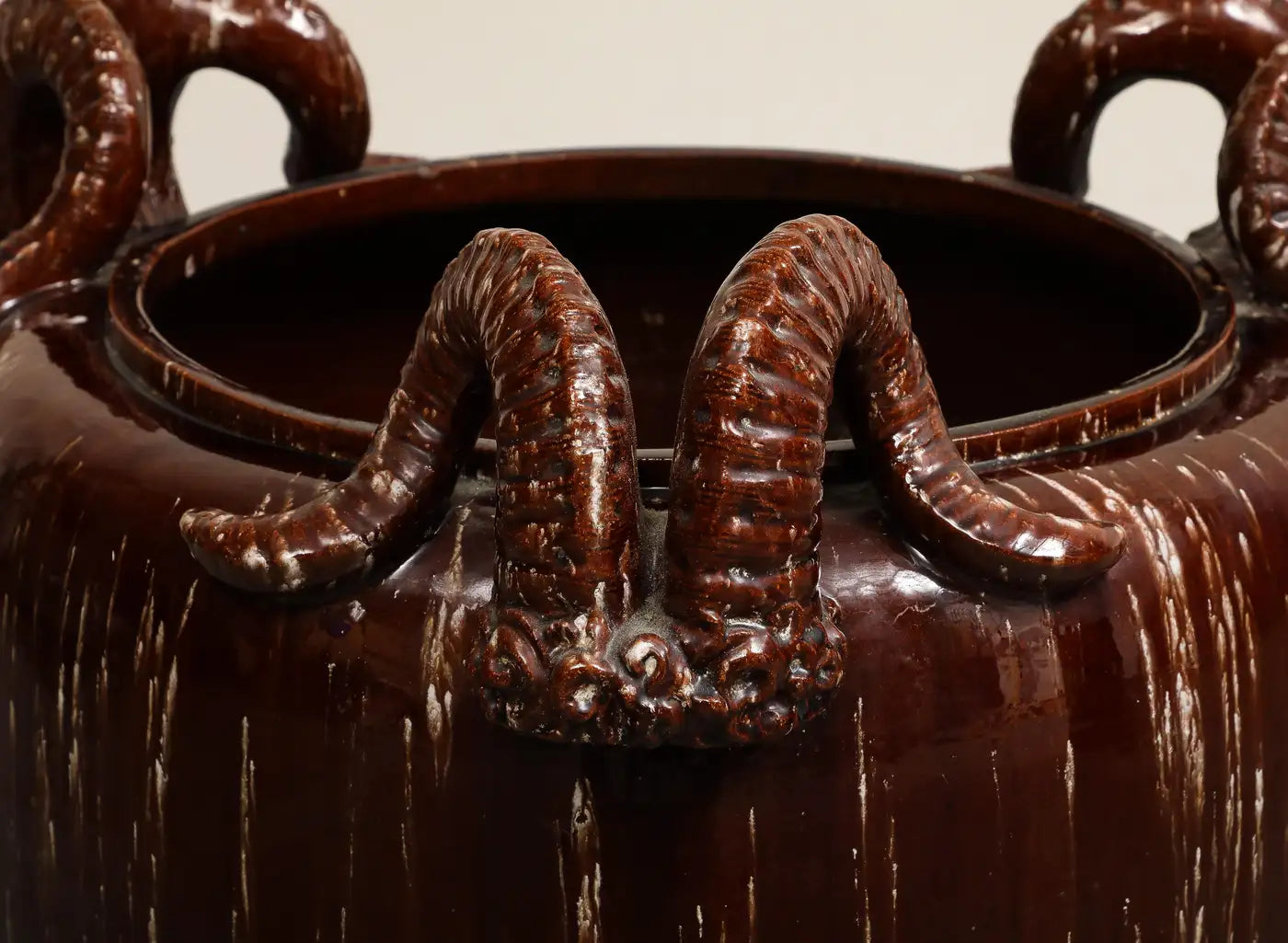 Burgundy Glazed Chinese Pottery Jardiniere with Ram's Horns