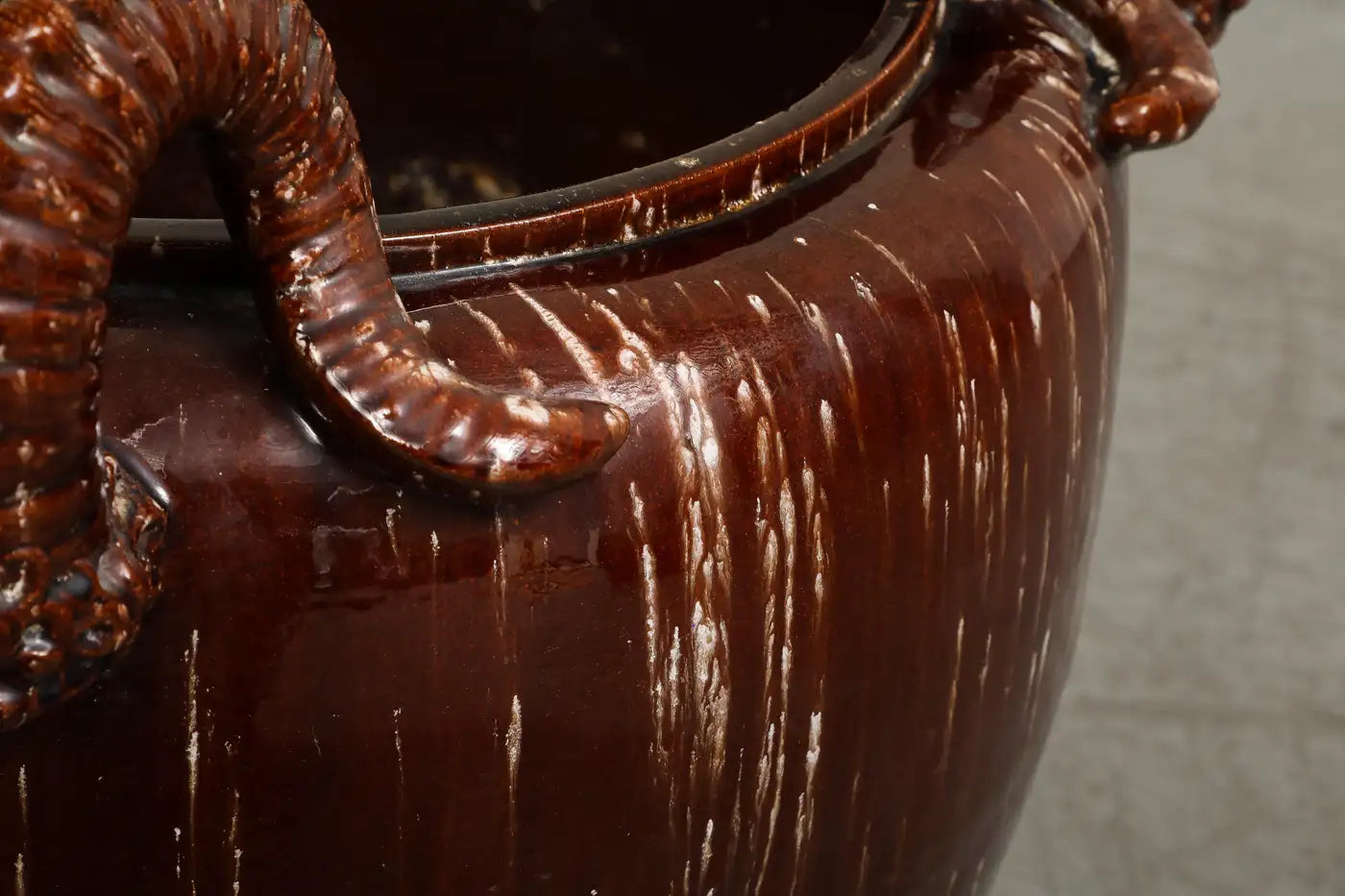 Burgundy Glazed Chinese Pottery Jardiniere with Ram's Horns