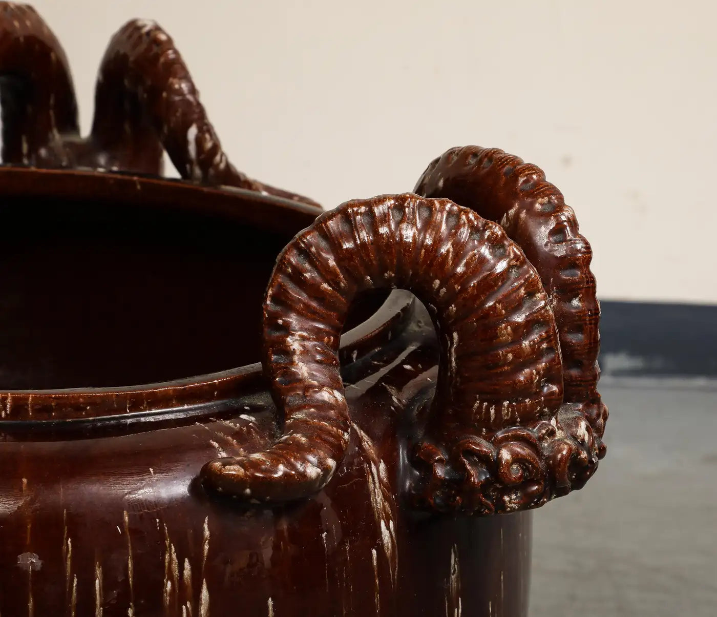 Burgundy Glazed Chinese Pottery Jardiniere with Ram's Horns