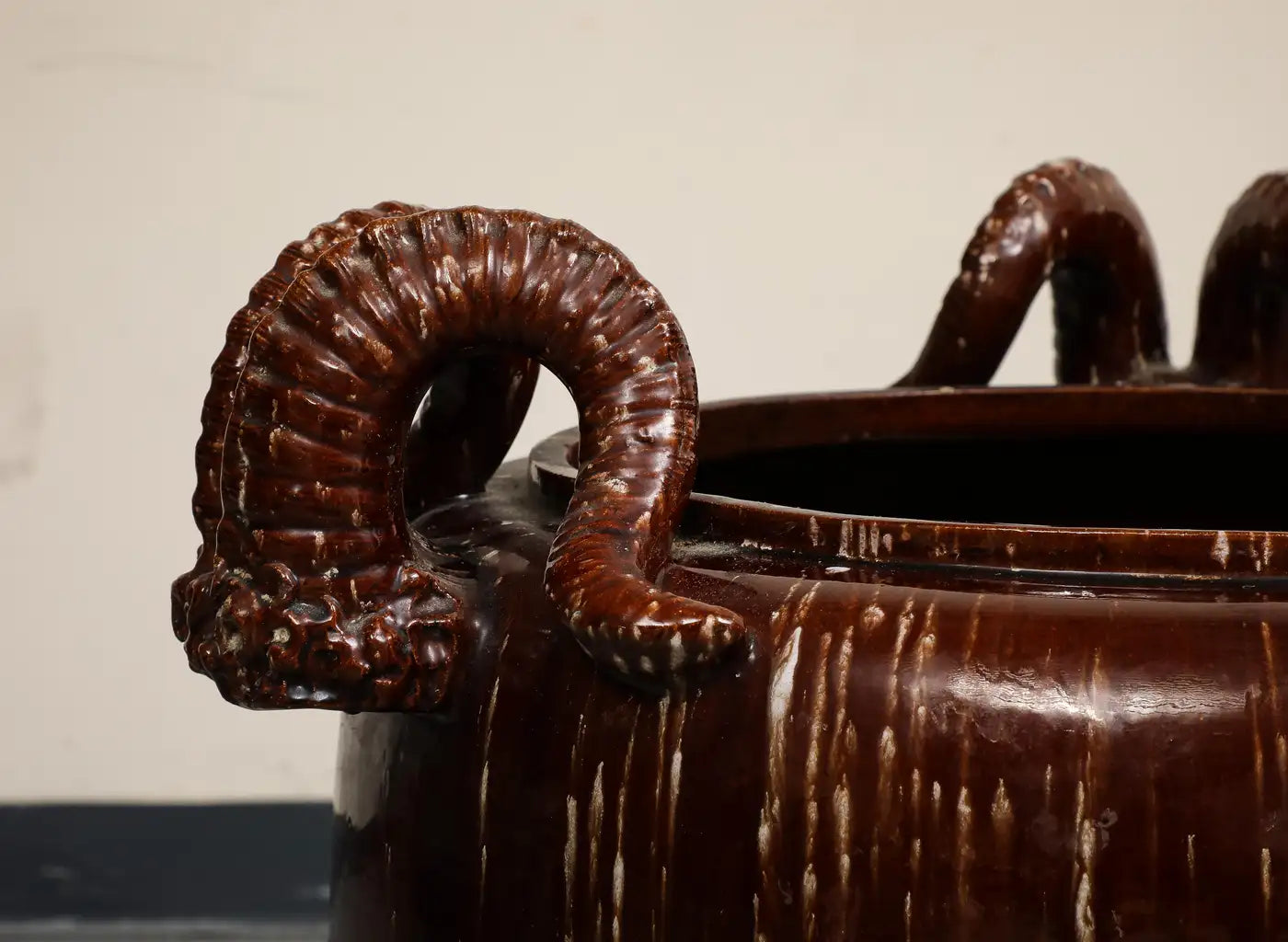 Burgundy Glazed Chinese Pottery Jardiniere with Ram's Horns