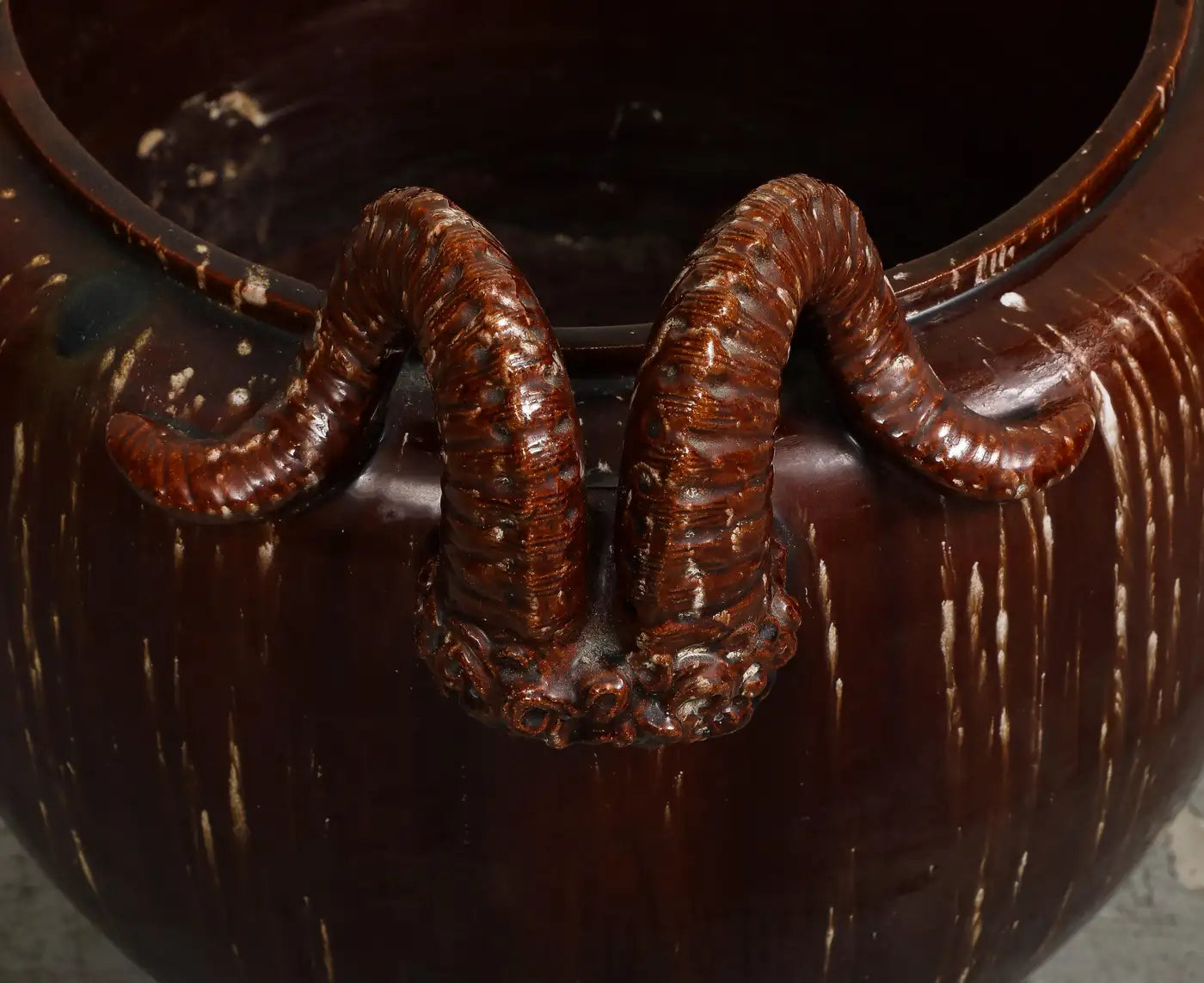 Burgundy Glazed Chinese Pottery Jardiniere with Ram's Horns