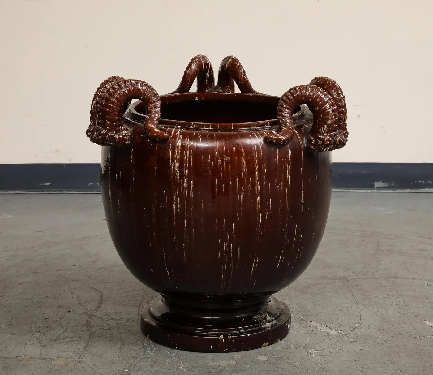 Burgundy Glazed Chinese Pottery Jardiniere with Ram's Horns