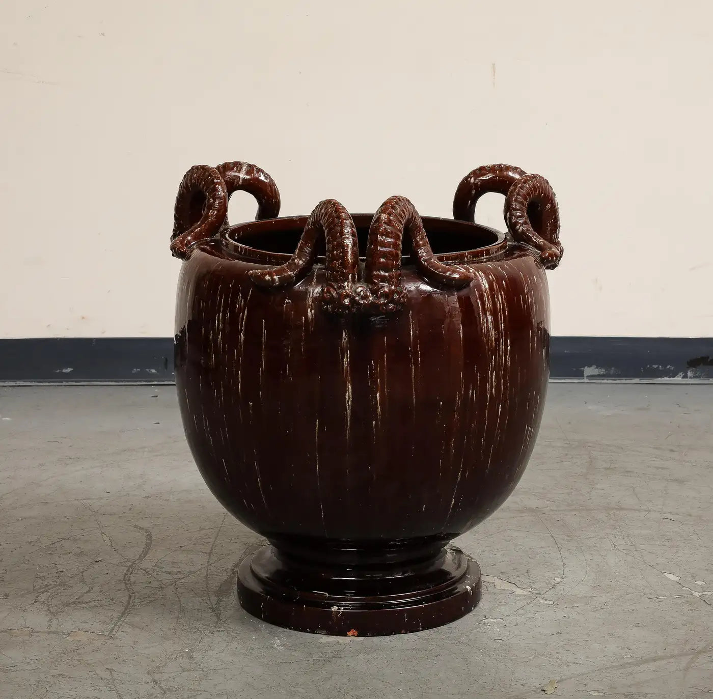 Burgundy Glazed Chinese Pottery Jardiniere with Ram's Horns