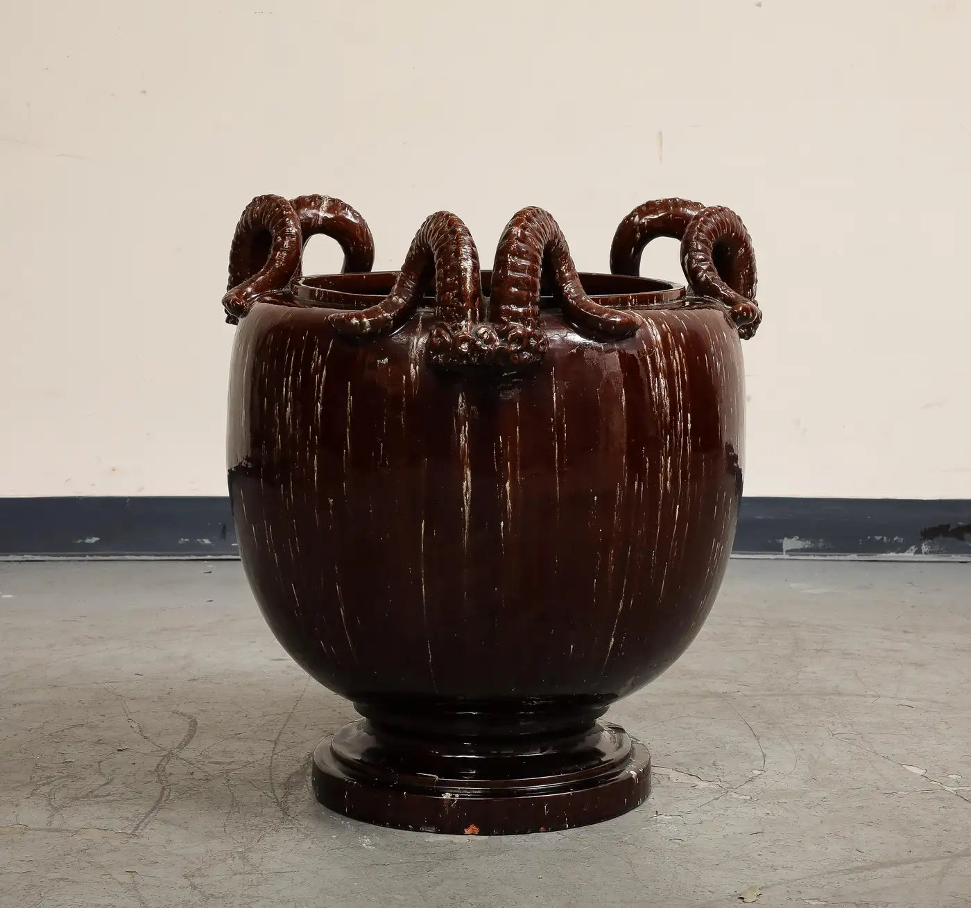 Burgundy Glazed Chinese Pottery Jardiniere with Ram's Horns