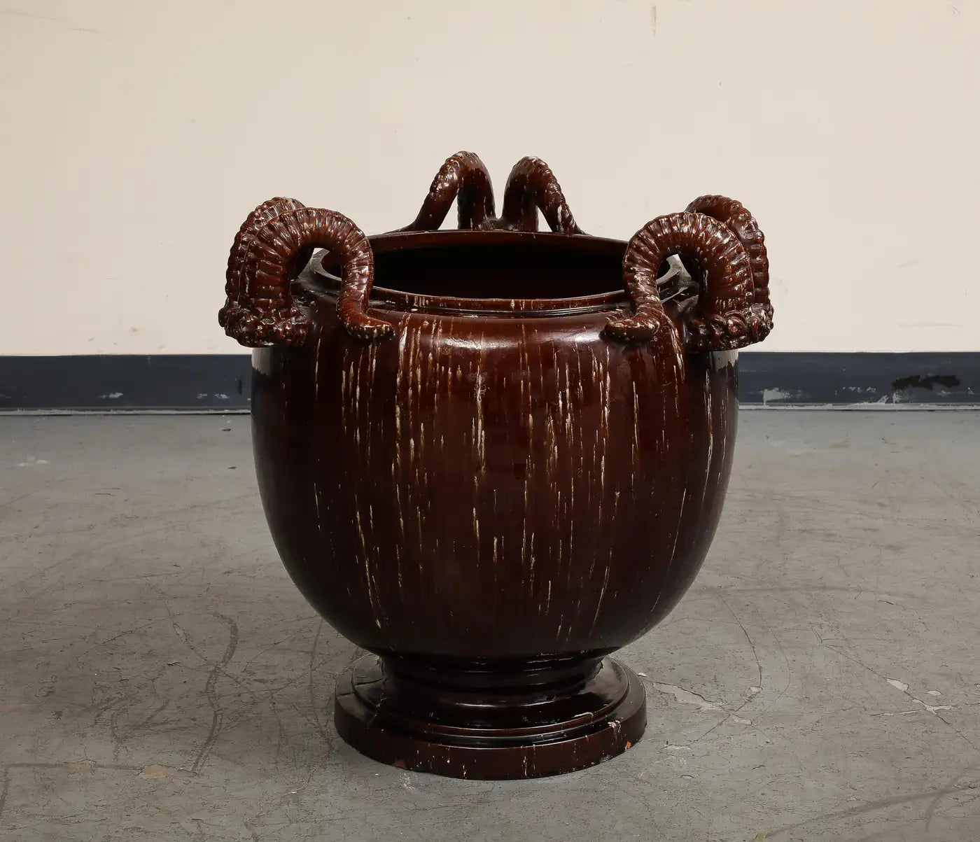 Burgundy Glazed Chinese Pottery Jardiniere with Ram's Horns