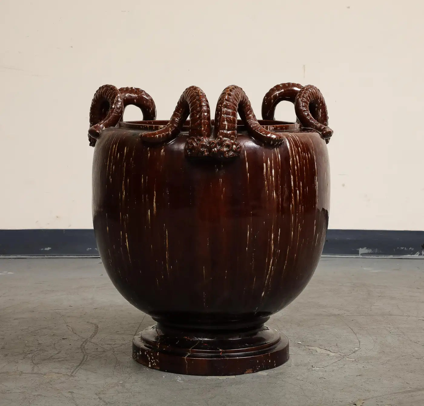 Burgundy Glazed Chinese Pottery Jardiniere with Ram's Horns