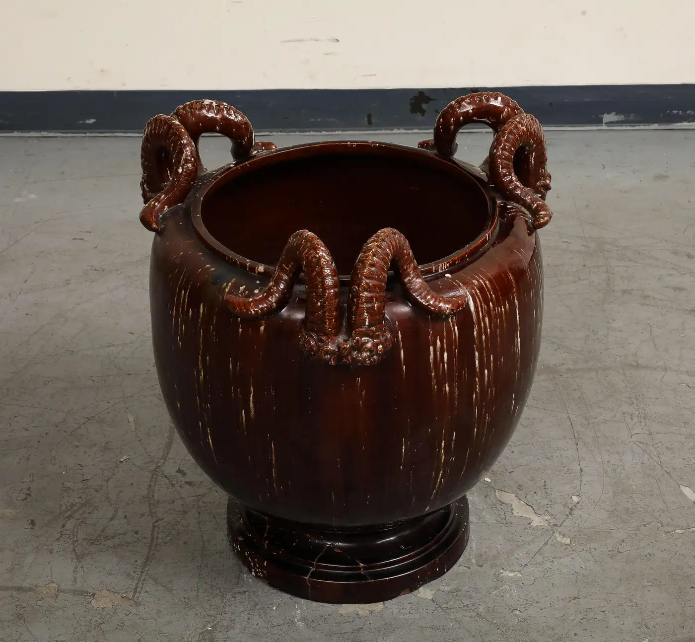 Burgundy Glazed Chinese Pottery Jardiniere with Ram's Horns