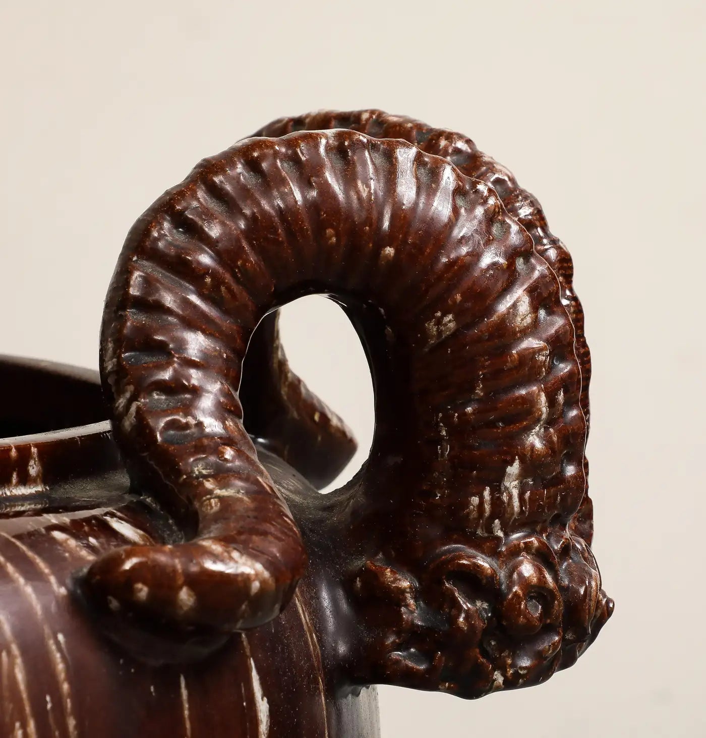 Burgundy Glazed Chinese Pottery Jardiniere with Ram's Horns