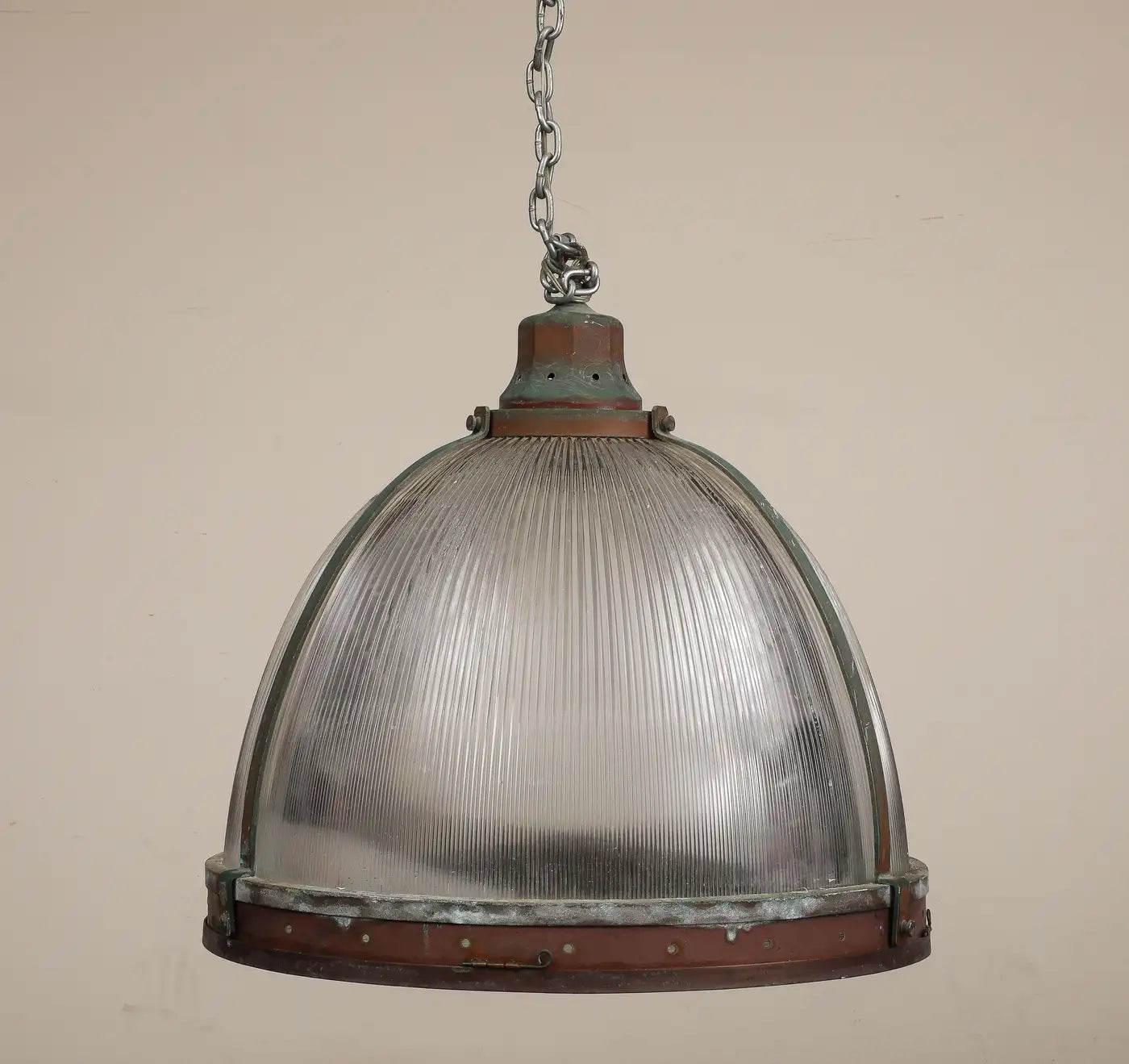 Vintage Industrial Copper and Reeded Glass Pendant Light