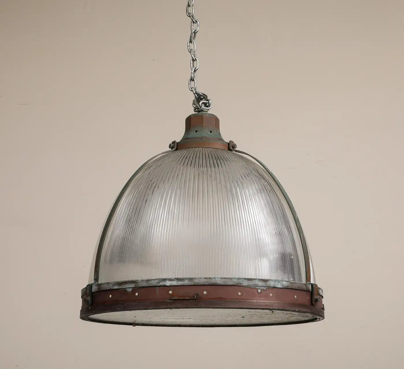 Vintage Industrial Copper and Reeded Glass Pendant Light