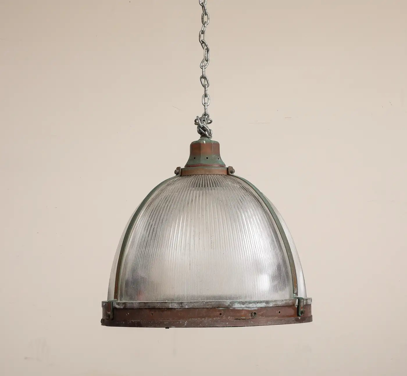 Vintage Industrial Copper and Reeded Glass Pendant Light