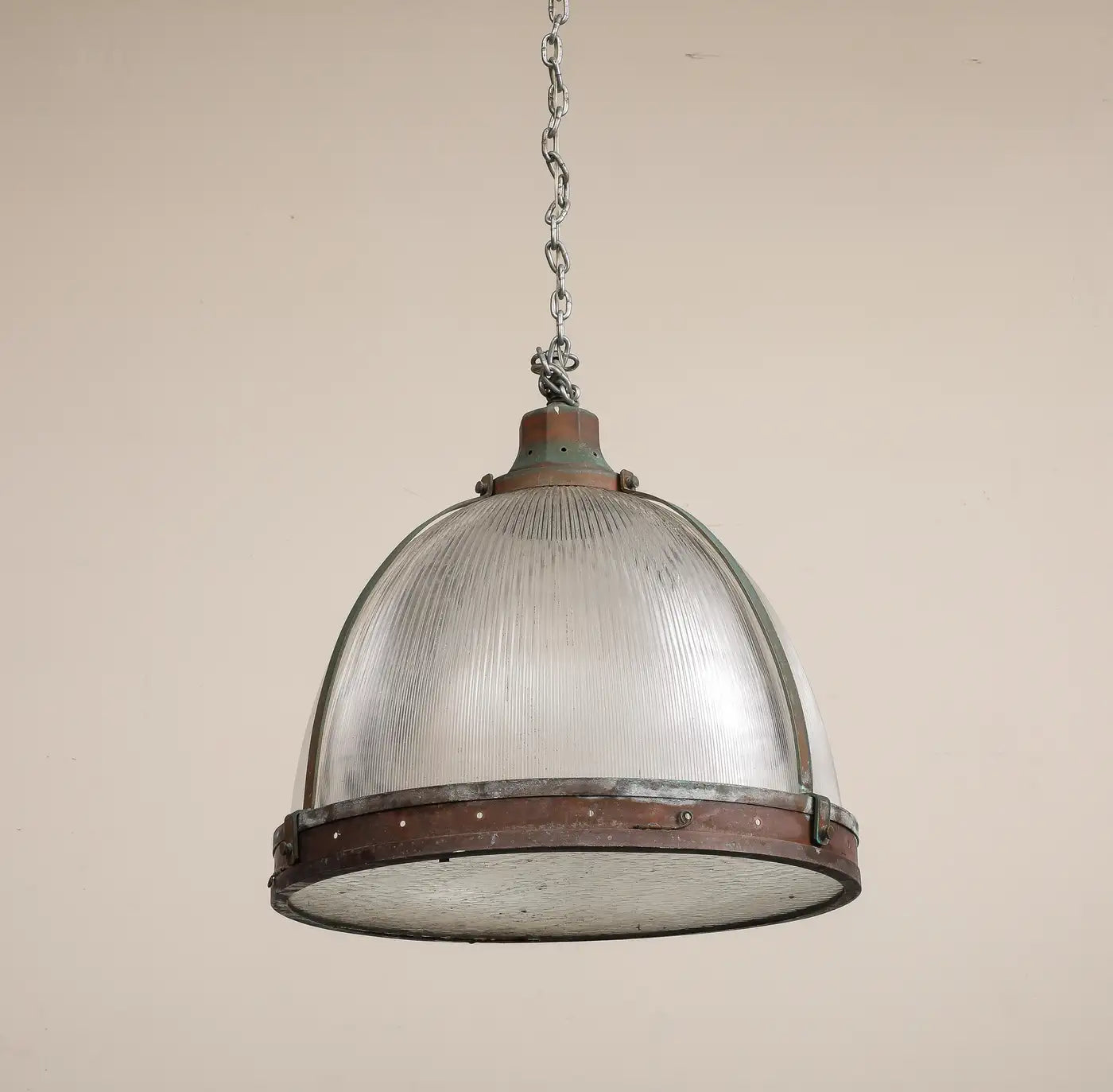 Vintage Industrial Copper and Reeded Glass Pendant Light