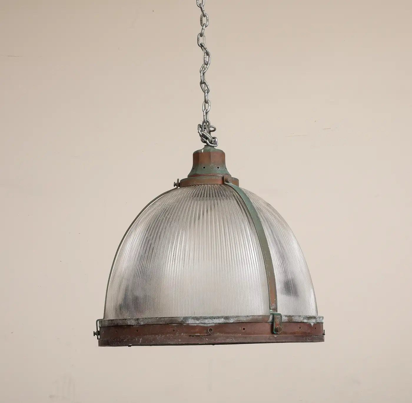 Vintage Industrial Copper and Reeded Glass Pendant Light