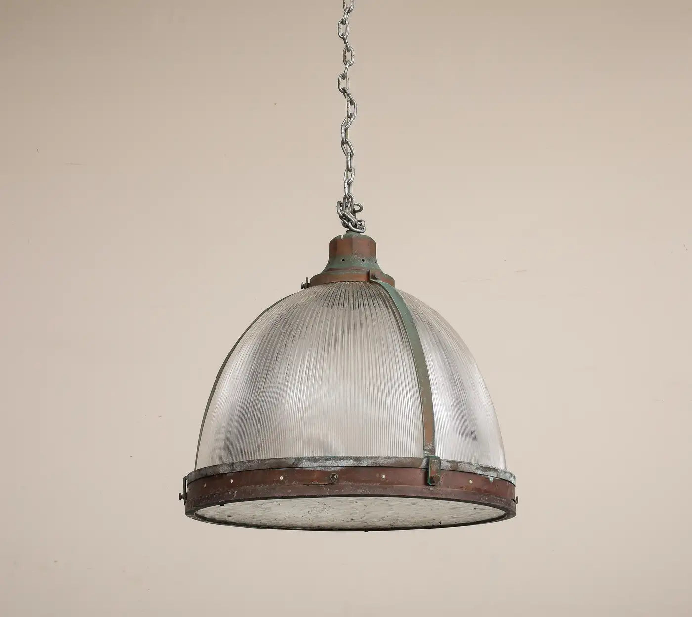 Vintage Industrial Copper and Reeded Glass Pendant Light