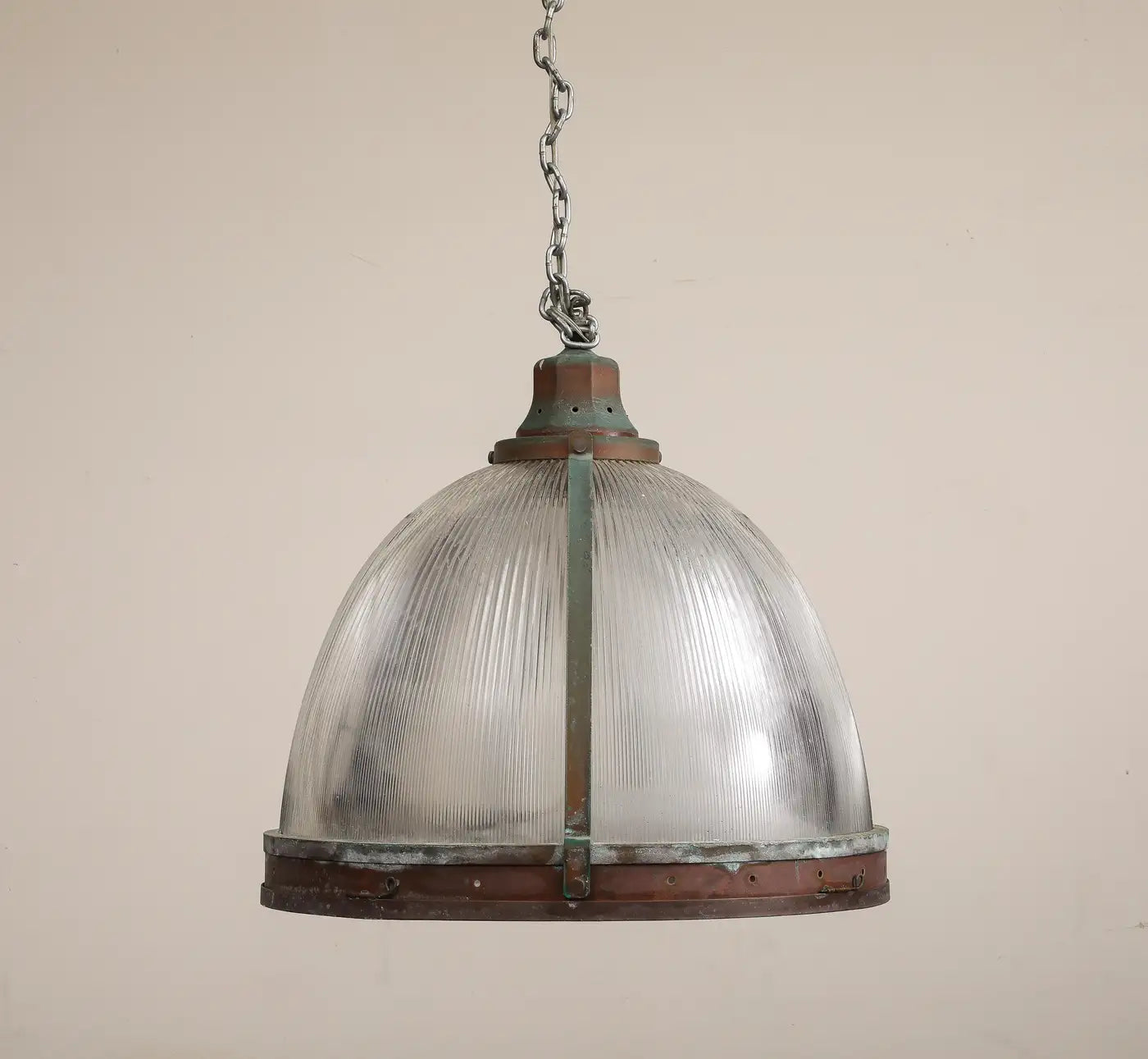 Vintage Industrial Copper and Reeded Glass Pendant Light