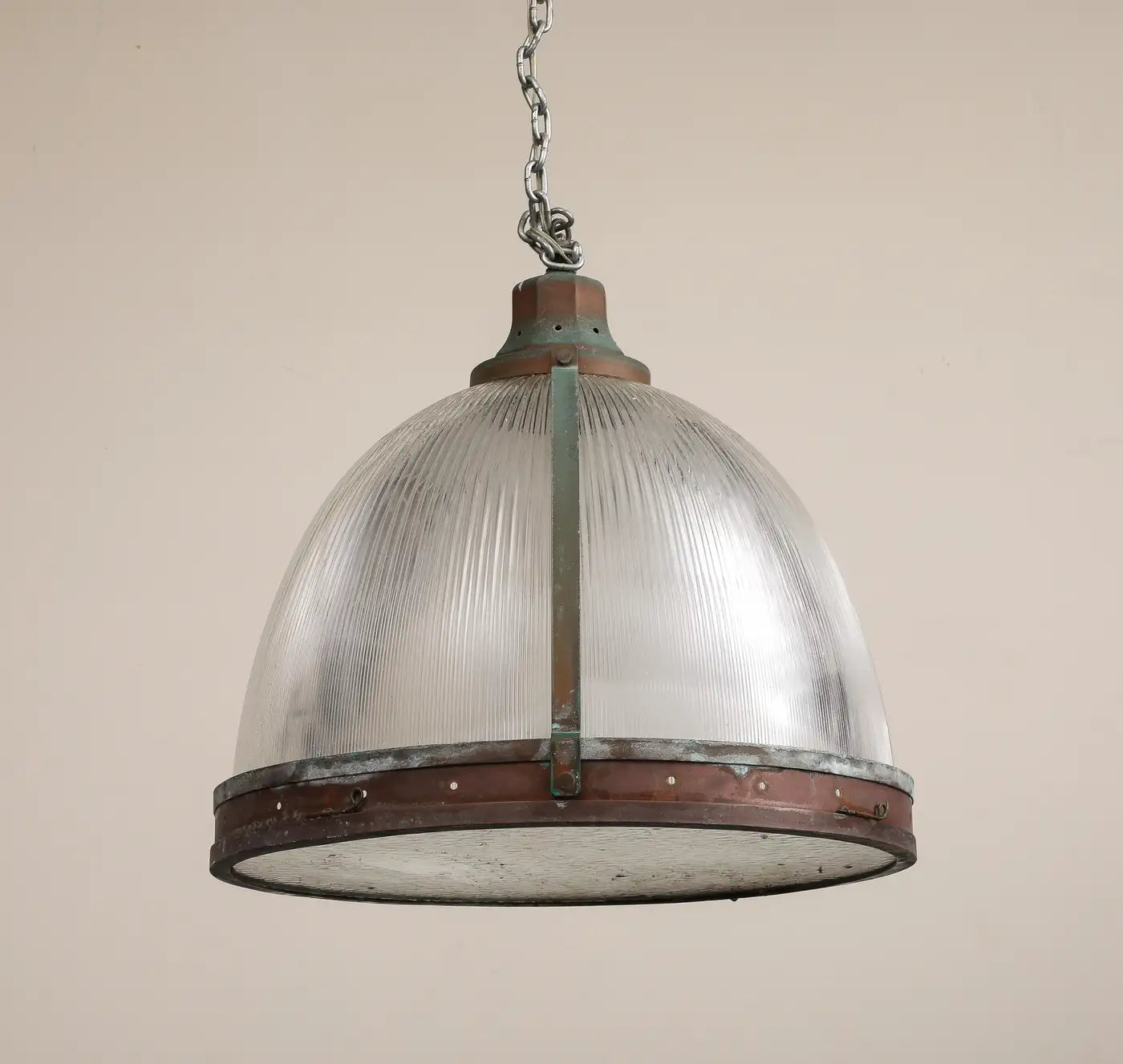 Vintage Industrial Copper and Reeded Glass Pendant Light