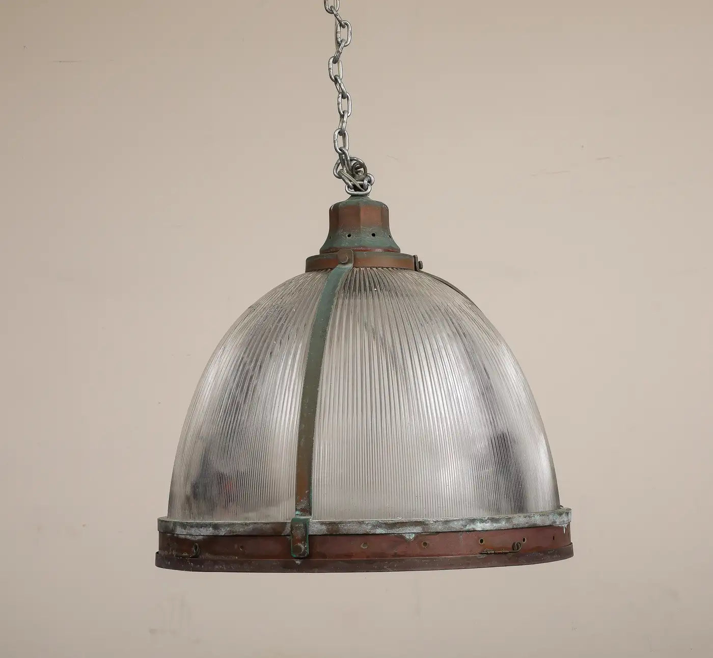 Vintage Industrial Copper and Reeded Glass Pendant Light