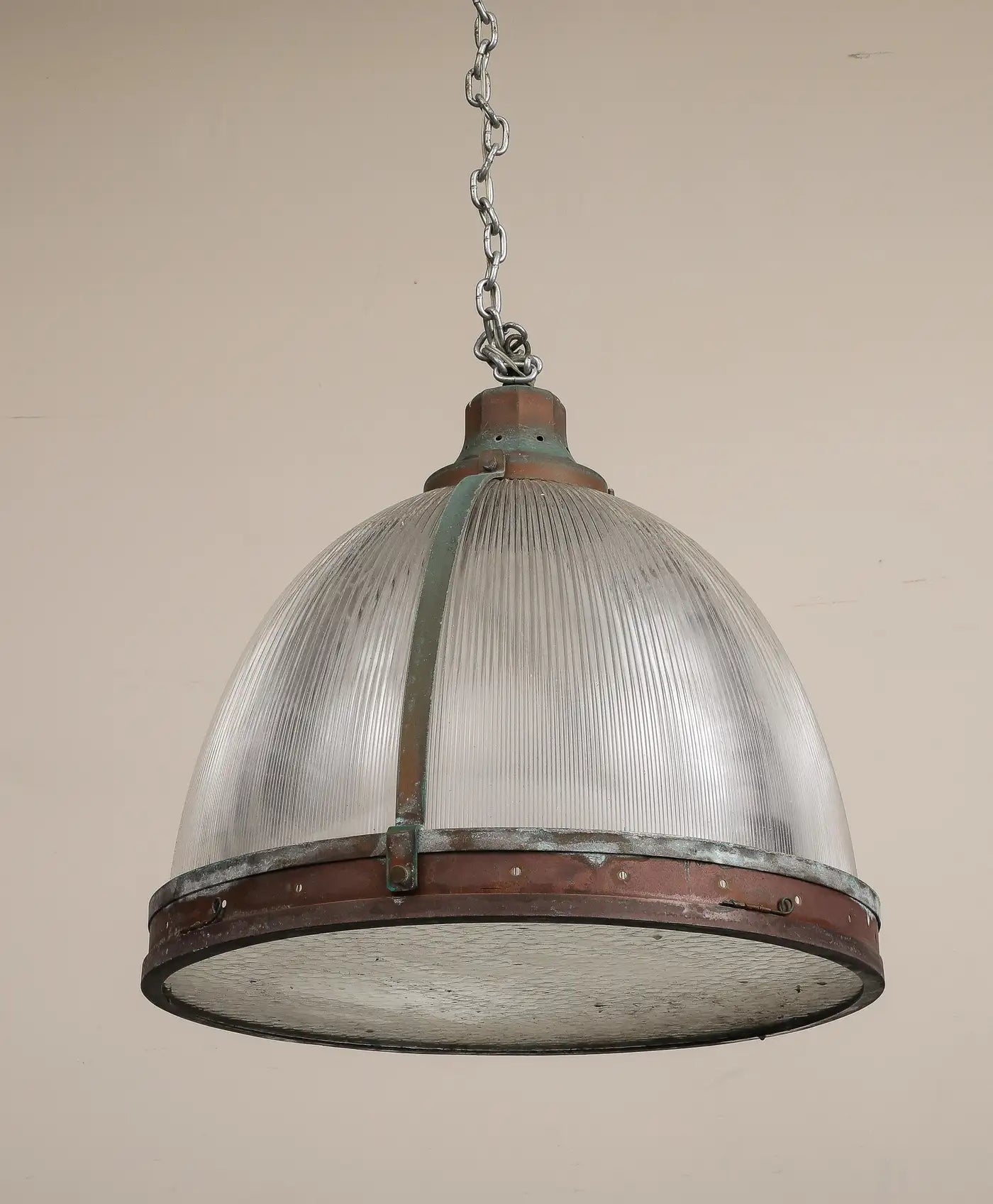 Vintage Industrial Copper and Reeded Glass Pendant Light