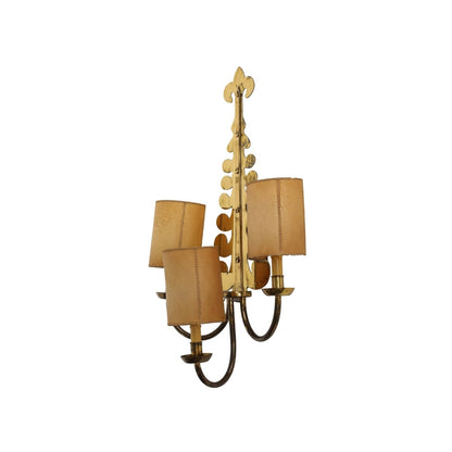 French Art Deco Gilt Brass Volute Sconce with Parchment Shades, c. 1940