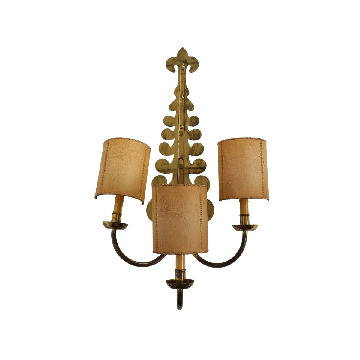 French Art Deco Gilt Brass Volute Sconce with Parchment Shades, c. 1940